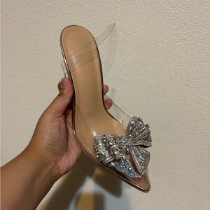 Sequin Bow Clear High Heel Ankle Slingback Heels